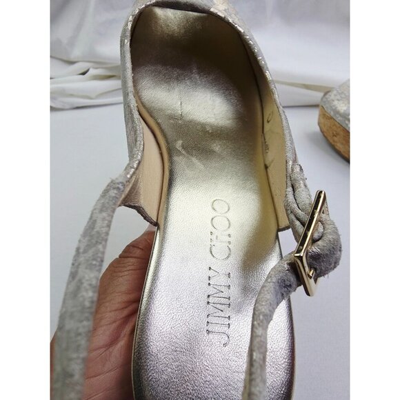 Jimmy Choo Size 38.5 (US 8.5) Womens Snake Print Peep Toe Sling Back Logo Wedge - Picture 16 of 16
